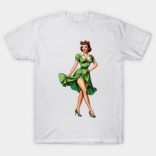 Retro Pinup Girl in Green Dress T-Shirt